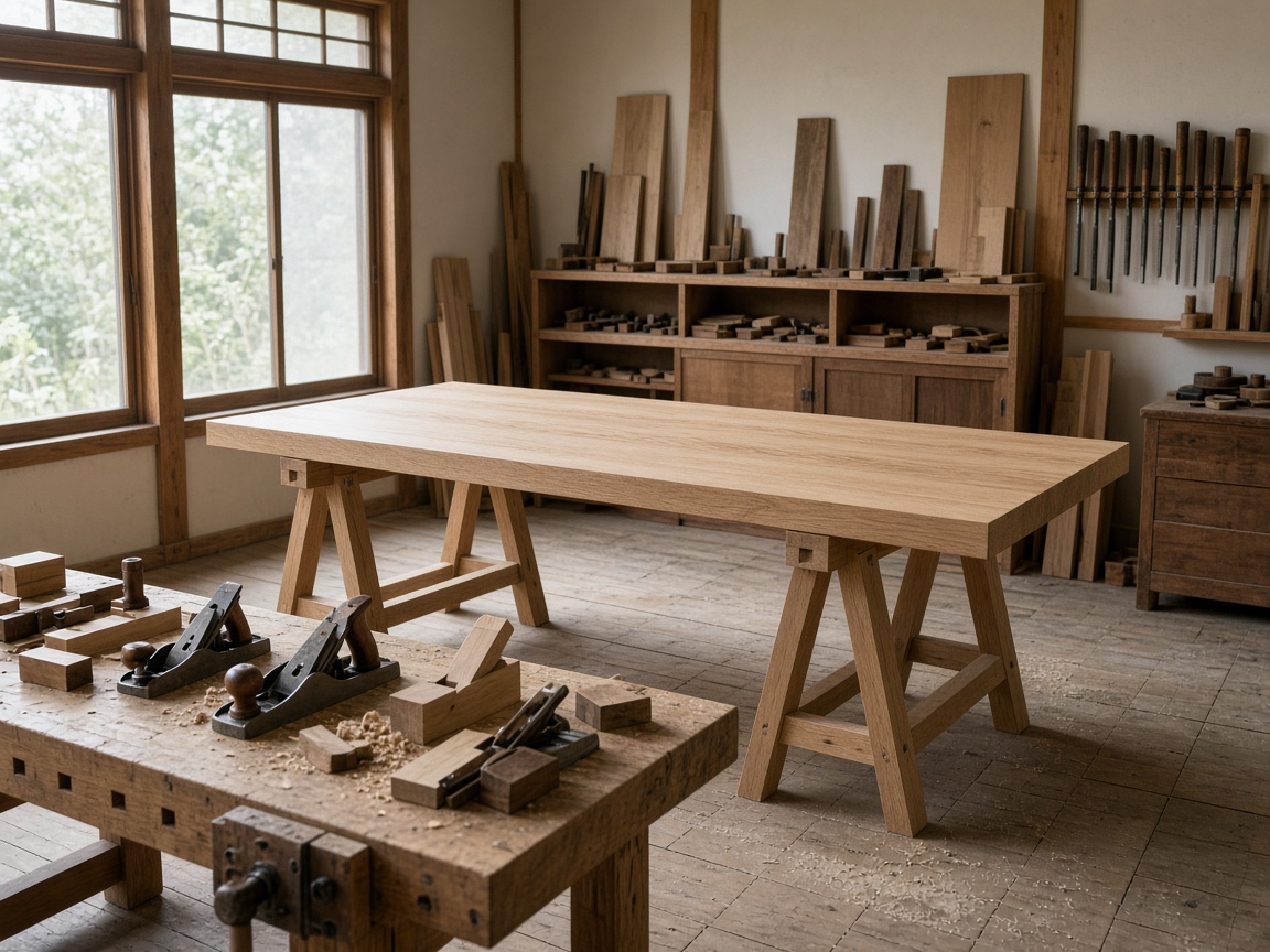 オーク材の天板を仕上げているFurniihubの作業場