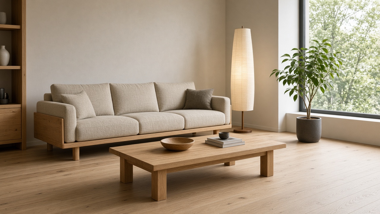 オーク材のローテーブルとベージュのソファがあるFurniihubのリビング展示
